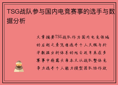 TSG战队参与国内电竞赛事的选手与数据分析