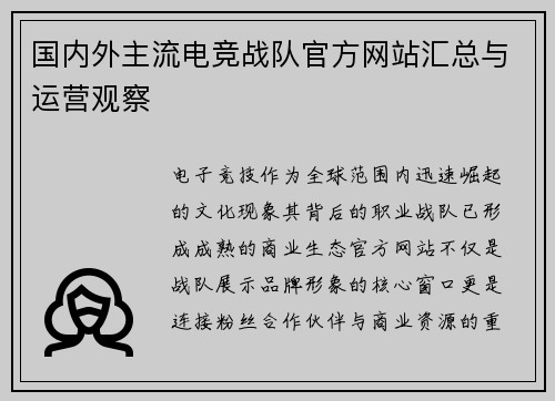 国内外主流电竞战队官方网站汇总与运营观察