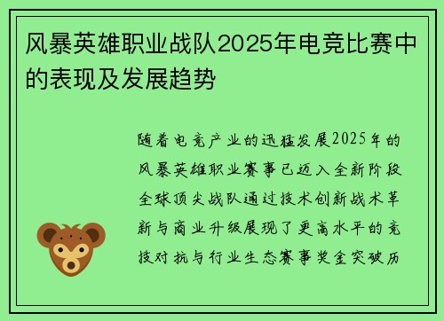 风暴英雄职业战队2025年电竞比赛中的表现及发展趋势